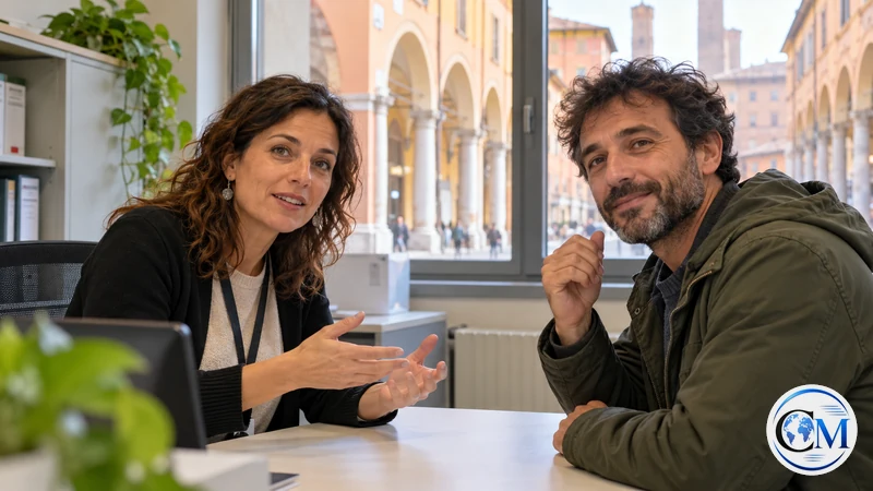 Illustrazione editoriale IA di un colloquio in un ufficio sociale emiliano-romagnolo; scena non documentaria.