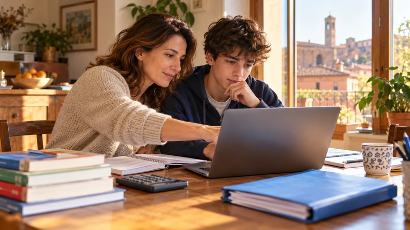 Illustrazione editoriale IA ultrarealistica di una madre e uno studente che compilano online la domanda per libri e borsa di studio; scena non documentaria.