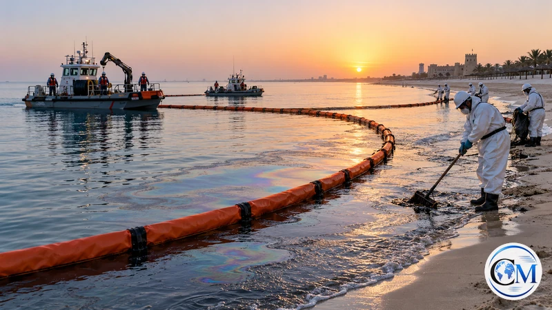 Illustrazione editoriale IA ultrarealistica di squadre ambientali e barriere di contenimento su una spiaggia di Umm Al Quwain; scena non documentaria.