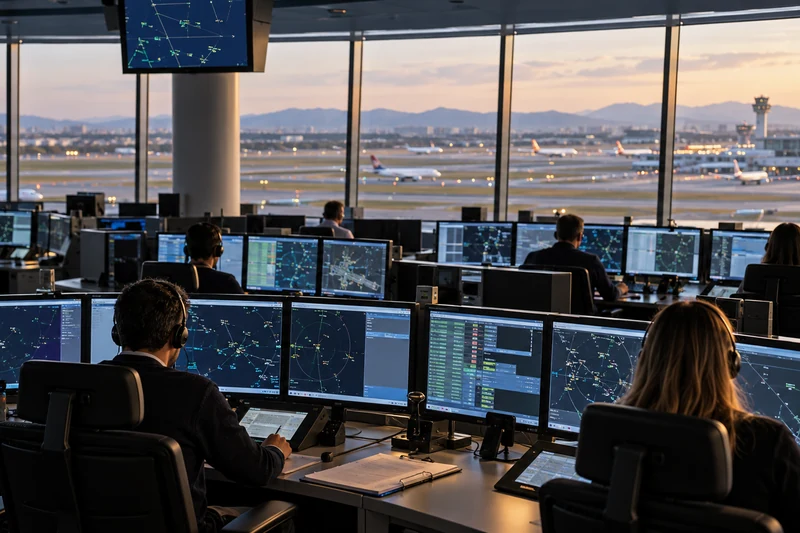 Sala di controllo del traffico aereo con operatori davanti ai monitor; illustrazione editoriale IA, non documentaria.