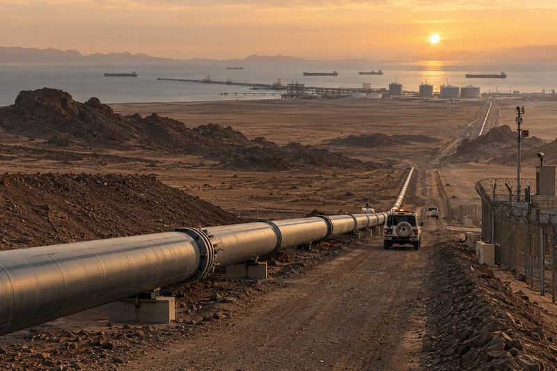 Scena editoriale contestuale ordinaria generata con IA della pipeline saudita Est-Ovest verso il Mar Rosso con squadre di ispezione