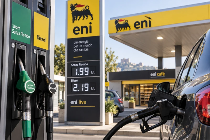 Foto d'archivio di un distributore Eni con i prezzi di benzina e diesel esposti, mentre un'auto viene rifornita di carburante.