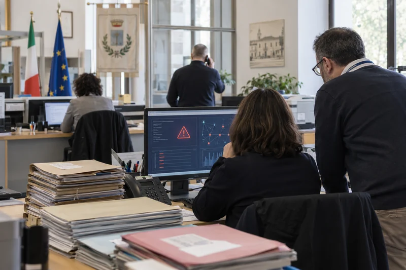 Illustrazione IA di personale in un ufficio pubblico davanti a un sistema di sicurezza informatica; scena non documentaria.