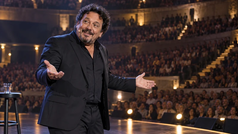 Illustrazione editoriale IA di Enrico Brignano durante un one-man show in una grande arena romana; scena non documentaria.