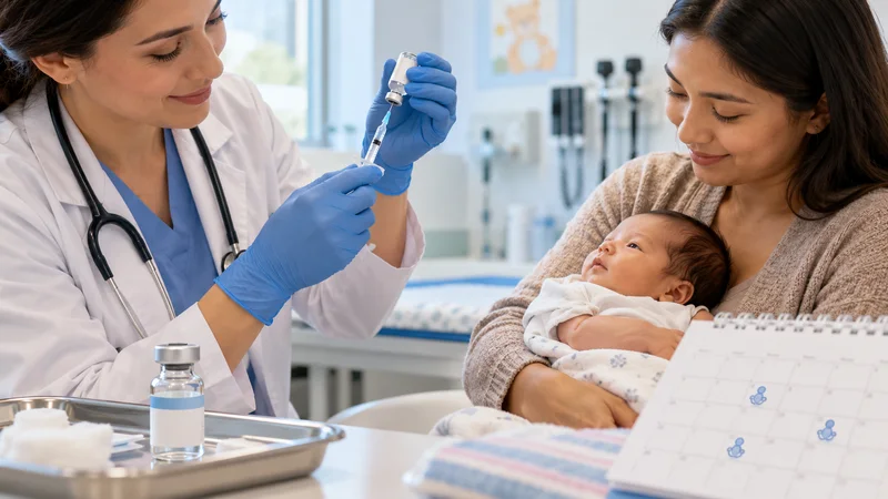 Illustrazione editoriale IA di una pediatra che prepara una vaccinazione neonatale con la madre presente, senza mostrare l’iniezione.