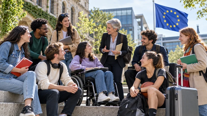 Studenti, formatori e un'atleta in un campus europeo, illustrazione editoriale IA non documentaria.