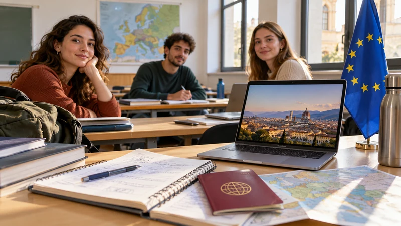 Illustrazione editoriale IA di materiali informativi e studenti adulti in un'aula universitaria italiana; non documenta un evento Erasmus specifico.