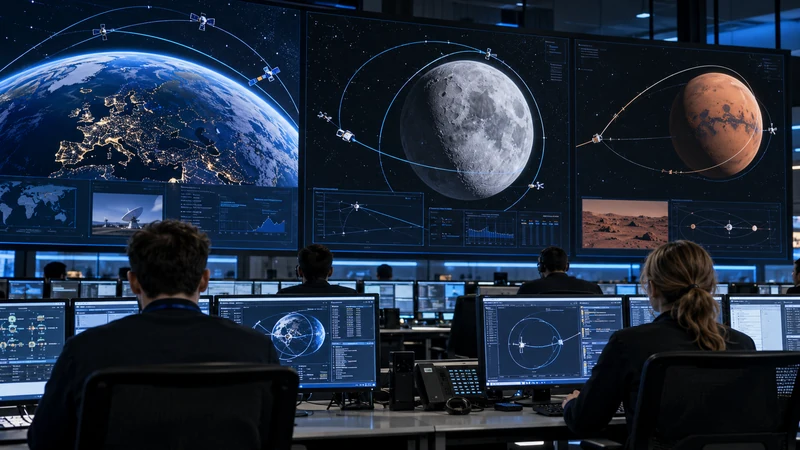 Illustrazione editoriale IA di un centro europeo di controllo missione con traiettorie verso orbita, Luna e Marte.