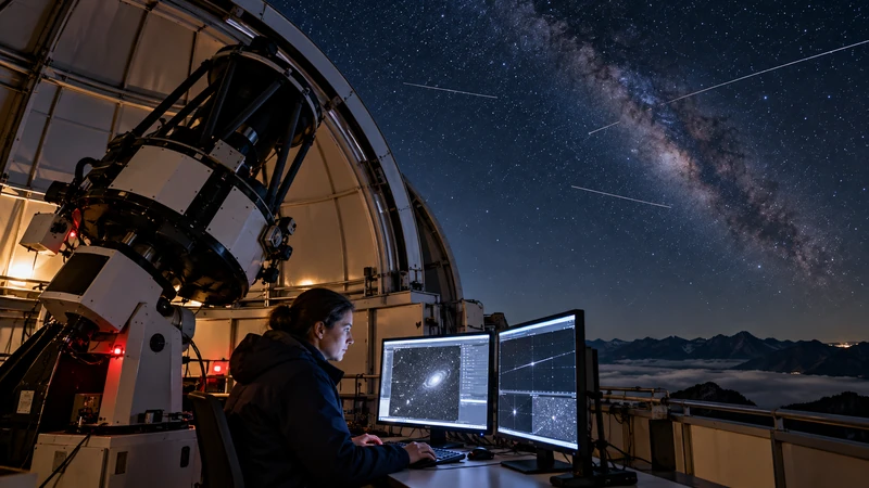 Illustrazione editoriale IA di un astronomo al telescopio e di tracce satellitari nel cielo notturno; scena non documentaria.