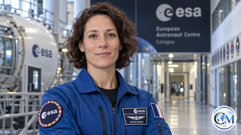 Ritratto sintetico ultrarealistico e illustrativo dell'astronauta Sophie Adenot al centro spaziale europeo; non è una fotografia del rientro.