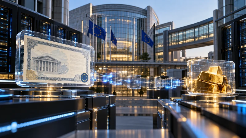 Illustrazione editoriale IA ultrarealistica di obbligazioni e oro trasformati in garanzie digitali davanti a un'infrastruttura finanziaria europea; scena non documentaria.