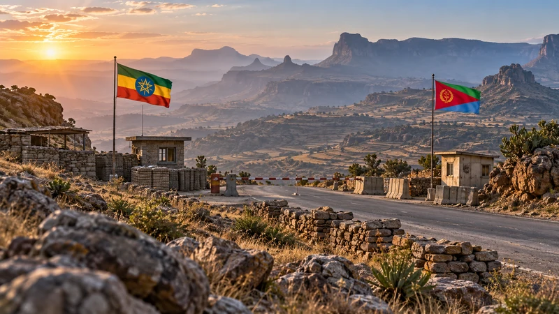 Illustrazione editoriale IA ultrarealistica del paesaggio di confine fra Etiopia ed Eritrea, senza combattimenti; scena non documentaria.