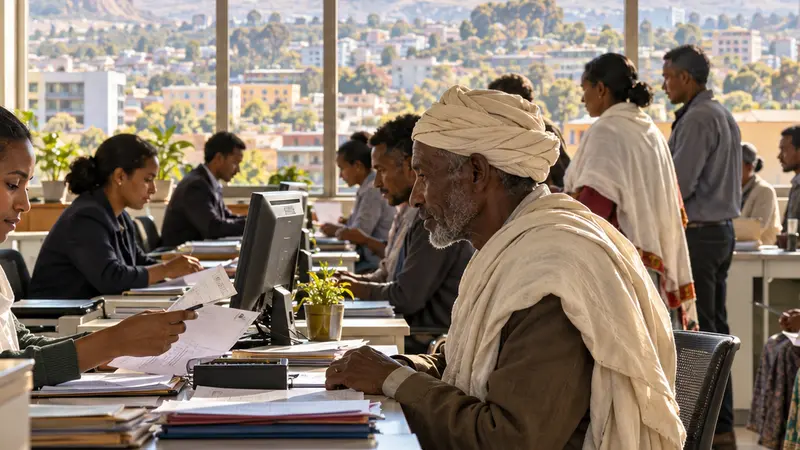 Ufficio pubblico riaperto nel Tigray con cittadini in attesa, illustrazione editoriale IA non documentaria.