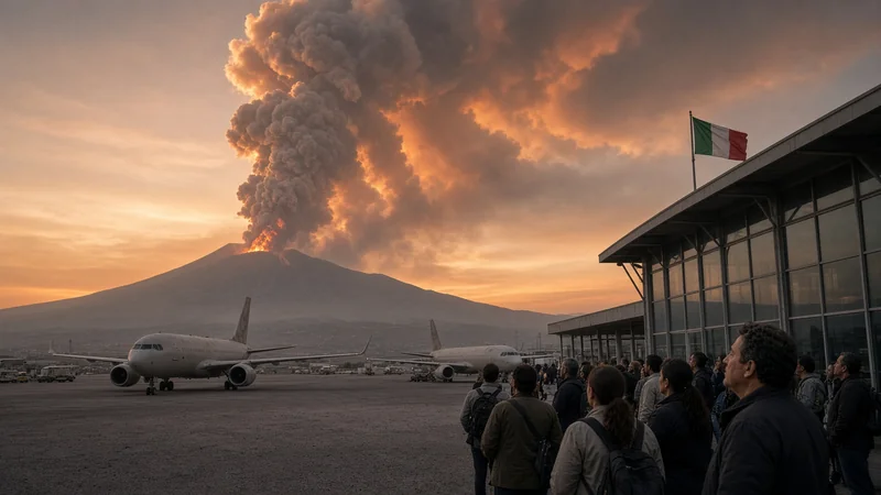 Pennacchio di cenere sull'Etna sopra l'area dell'aeroporto di Catania, pista e torre in lontananza, senza loghi di compagnie.