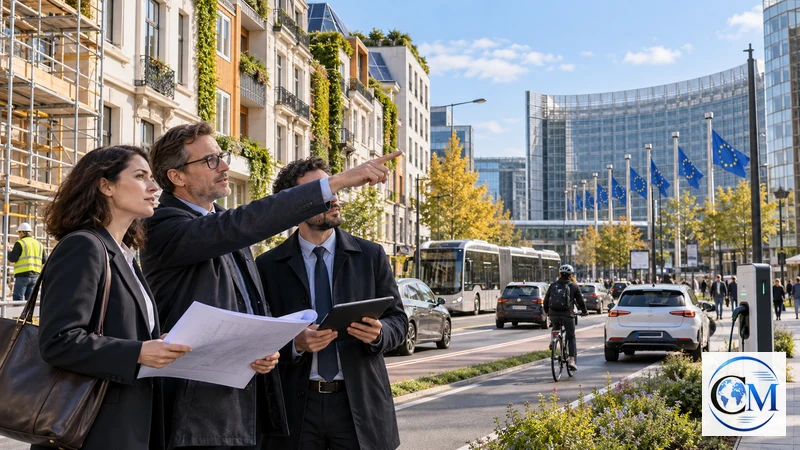 Illustrazione editoriale IA ultrarealistica di edifici efficienti e trasporti in una città europea davanti alle istituzioni UE; scena non documentaria.