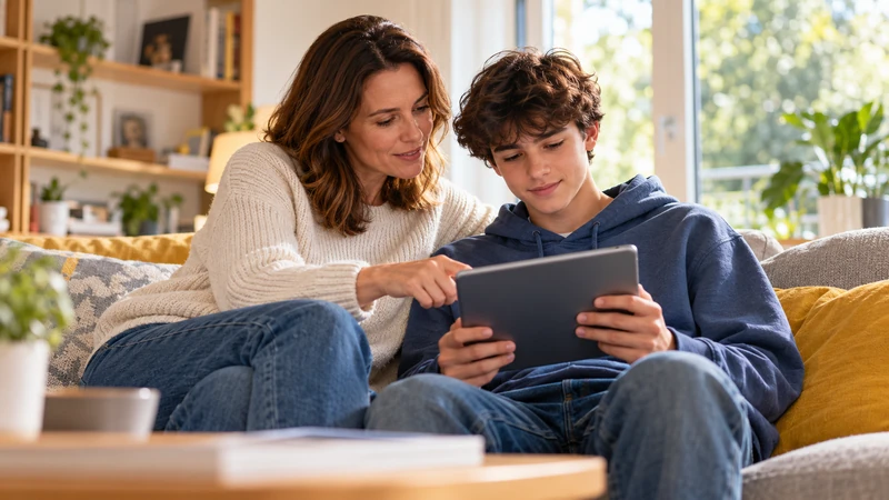 Illustrazione editoriale IA di una madre e un adolescente che controllano insieme le impostazioni di sicurezza online; scena non documentaria.