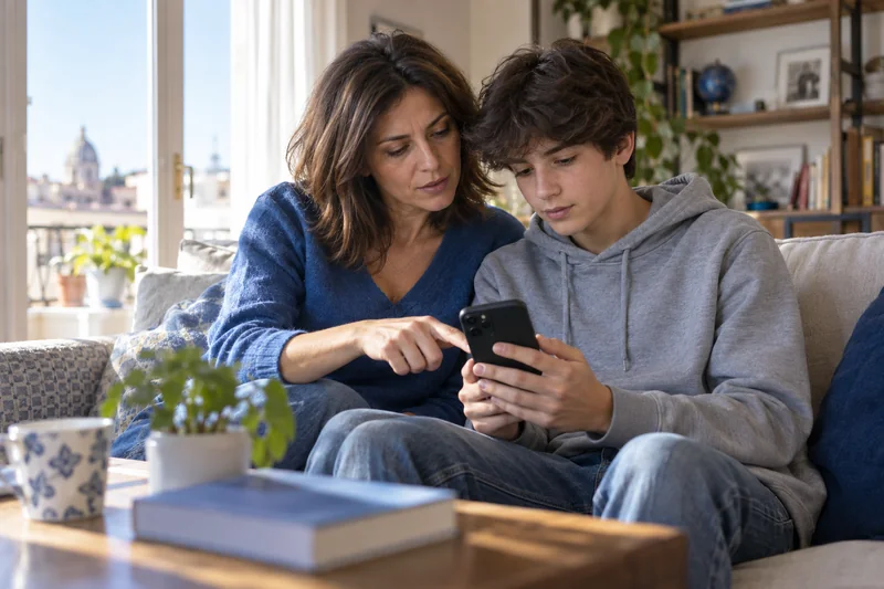 Scena editoriale contestuale generata con IA di una madre e un adolescente italiani che controllano insieme le impostazioni di uno smartphone; non documentaria.