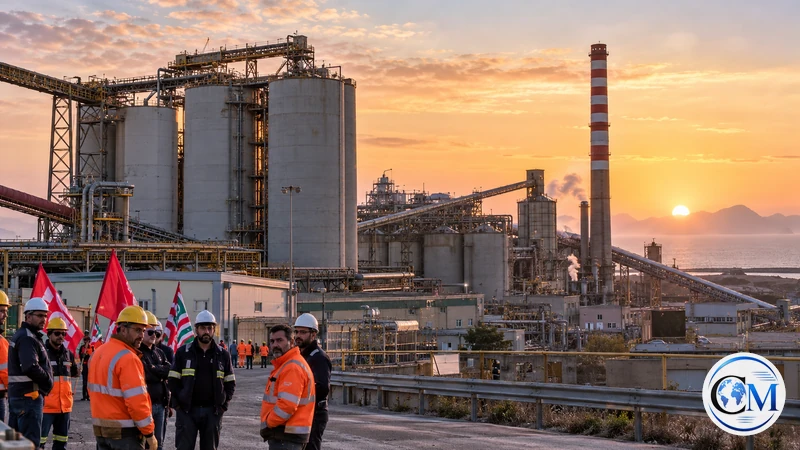 Illustrazione editoriale IA dello stabilimento Eurallumina di Portovesme e del silo della protesta, senza persone in pericolo; non è una fotografia documentaria.