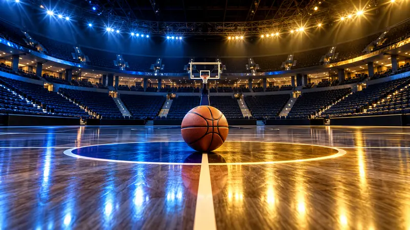 Illustrazione editoriale IA di un’arena europea di basket pronta per una partita, senza loghi o giocatori riconoscibili.
