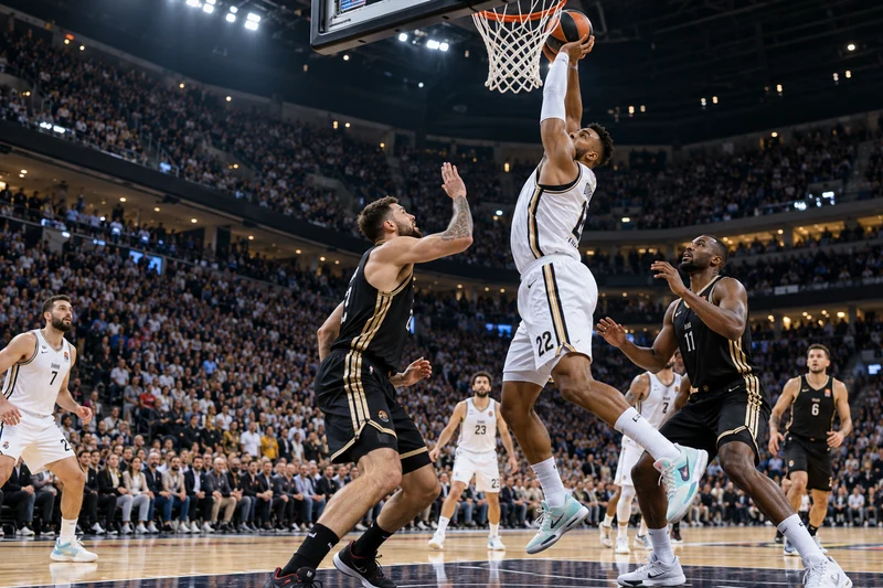 Azione di basket in un'arena europea; illustrazione editoriale IA, senza squadre o loghi identificabili.