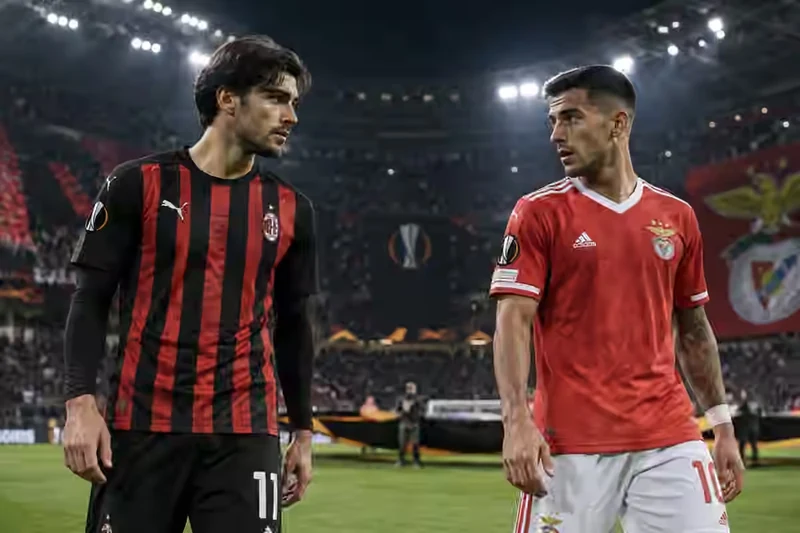 Scena editoriale contestuale ordinaria fotorealistica generata con IA: due calciatori in divise ispirate a Milan e Benfica sono ritratti sul campo in uno stadio illuminato prima di una serata di Europa League.