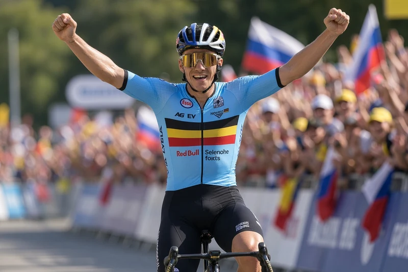 Illustrazione editoriale IA di Remco Evenepoel in maglia azzurra belga che celebra la vittoria in bicicletta; scena non documentaria.