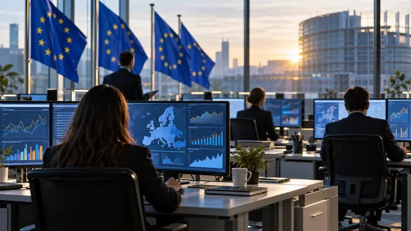 Illustrazione editoriale IA di analisti in un ufficio statistico europeo con grafici macroeconomici anonimi.