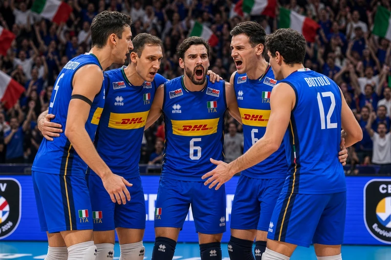 Illustrazione editoriale generata con IA: nazionale italiana di pallavolo esulta in un palazzetto gremito; non è una fotografia documentaria.