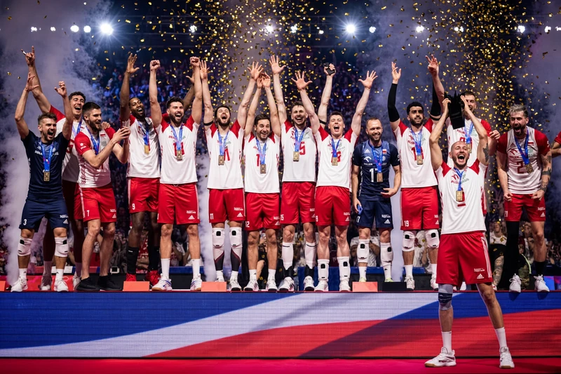 Nazionale polacca di pallavolo in festa, illustrazione editoriale IA.