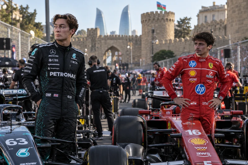 George Russell con la Mercedes e Charles Leclerc con la Ferrari sulla griglia del circuito cittadino di Baku; scena editoriale IA non documentaria.