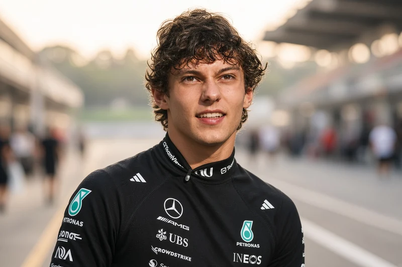 Illustrazione editoriale IA di Kimi Antonelli in tuta Mercedes AMG Petronas al circuito di Sepang; scena non documentaria.