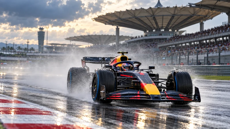 Illustrazione editoriale IA di Max Verstappen in pista sotto la pioggia a Sepang; scena non documentaria.