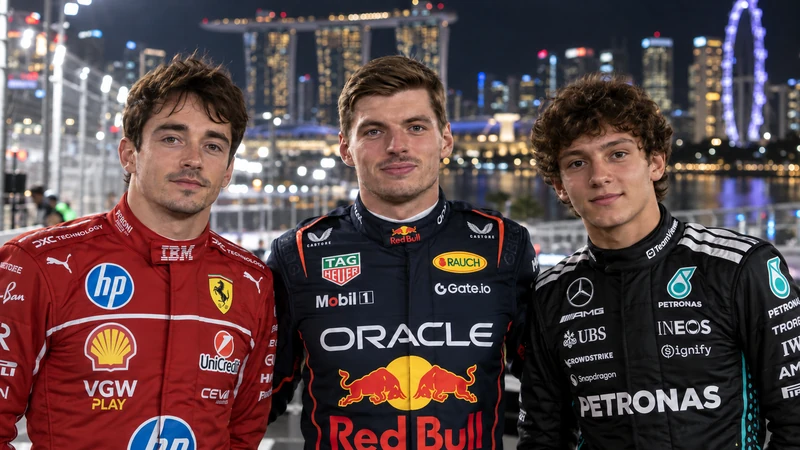 Somiglianze sintetiche editoriali IA di Verstappen, Leclerc e Antonelli nel contesto di Marina Bay; non documentano una cerimonia.