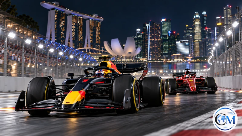 Illustrazione editoriale IA ultrarealistica di monoposto sul circuito cittadino di Singapore; non è una fotografia delle qualifiche.
