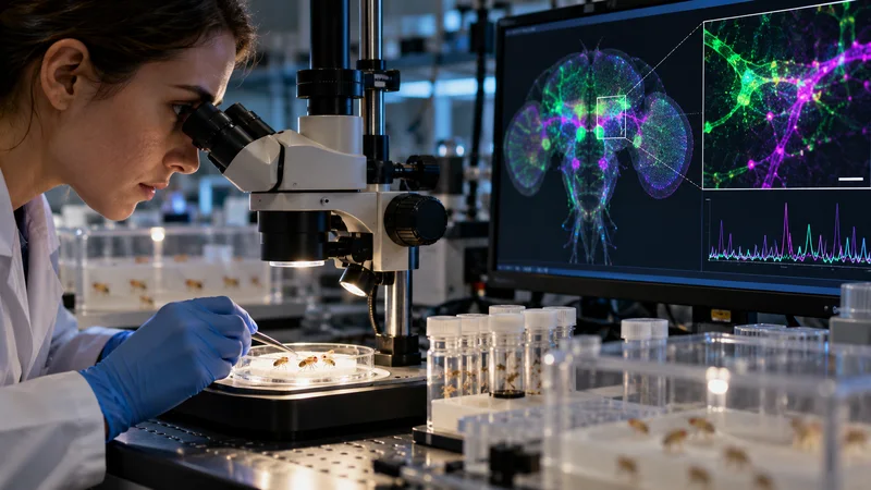 Illustrazione editoriale IA di una neuroscienziata che studia moscerini della frutta e segnali neuronali in laboratorio.