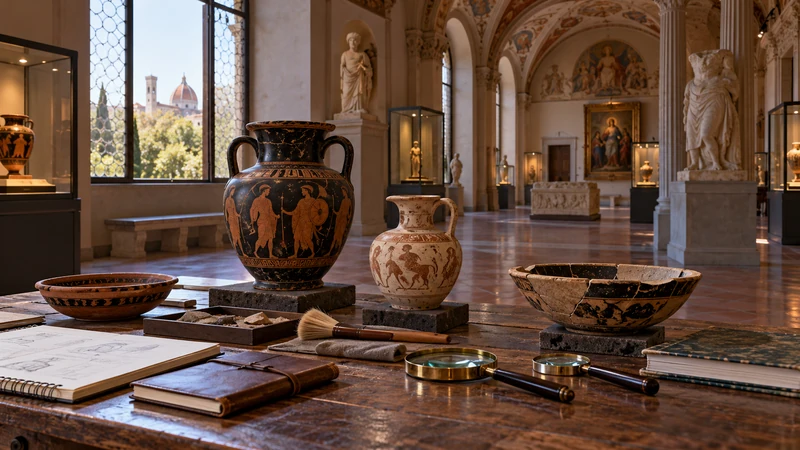 Illustrazione editoriale IA ultrarealistica di un tavolo didattico con reperti e strumenti nel Museo Archeologico di Firenze; scena non documentaria.