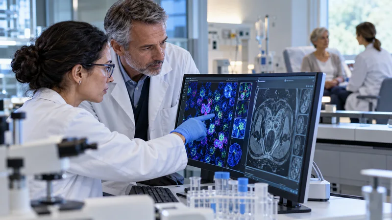 Illustrazione editoriale IA di ricercatori oncologici che analizzano immagini cellulari in un laboratorio ospedaliero.