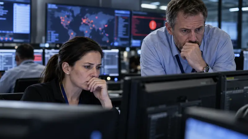 Tecnici in una sala operativa statunitense controllano monitor durante un'interruzione informatica