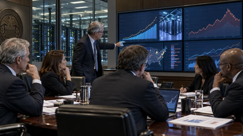 Illustrazione editoriale IA di economisti che analizzano inflazione e domanda dei data center in una sala di politica monetaria.