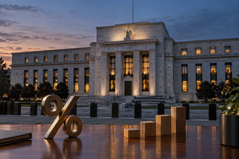Scena editoriale ordinaria generata con IA della sede della Federal Reserve al crepuscolo, con simbolo percentuale e blocchi in crescita; non documentaria.