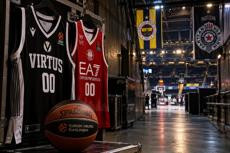 Maglie ufficiali di Virtus Bologna e Olimpia Milano nel tunnel di un’arena EuroLeague; illustrazione editoriale IA non documentaria.