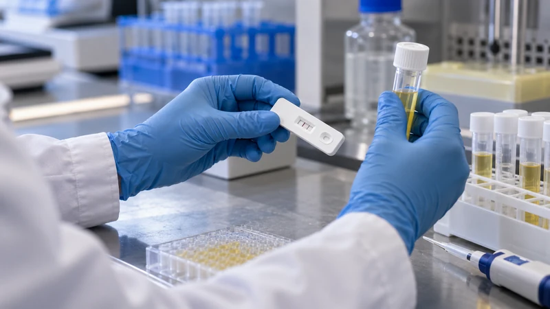 Mani con guanti analizzano un test rapido e campioni in un laboratorio clinico