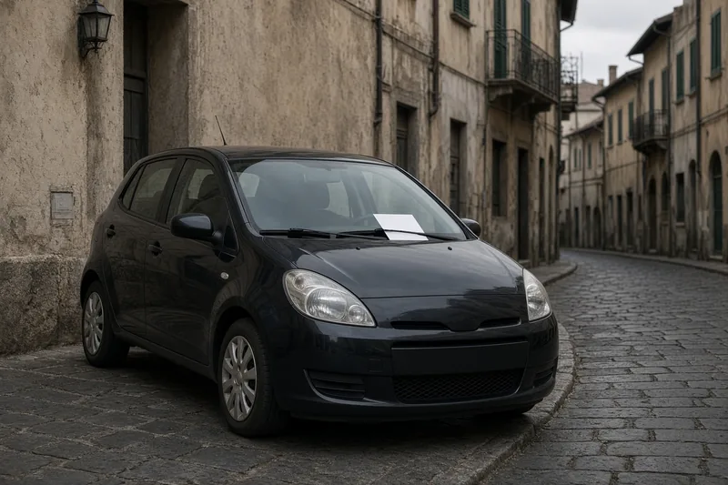 Auto scura parcheggiata in una via italiana con un foglio bianco sul parabrezza; illustrazione editoriale IA, non una fotografia documentaria.