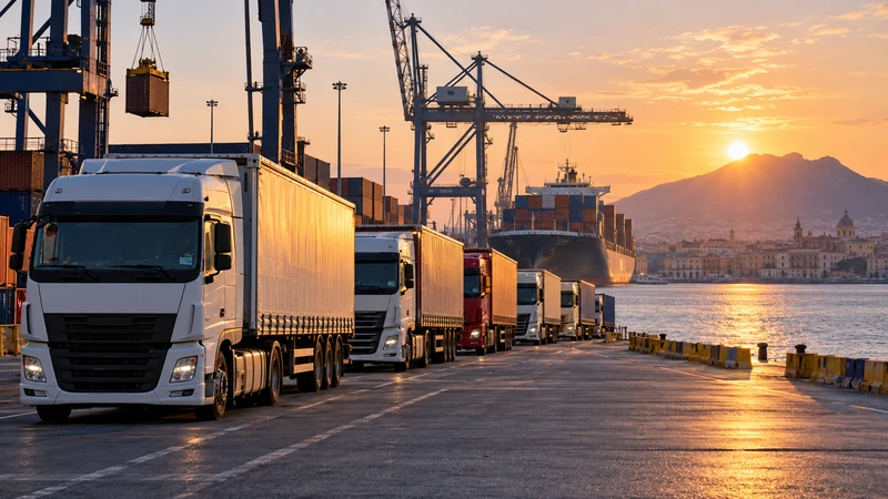 Illustrazione editoriale IA di camion presso un terminal portuale del Mediterraneo; non documenta la mobilitazione.