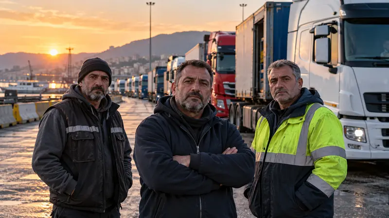 Autotrasportatori davanti ai mezzi fermi in un piazzale logistico del Sud Italia