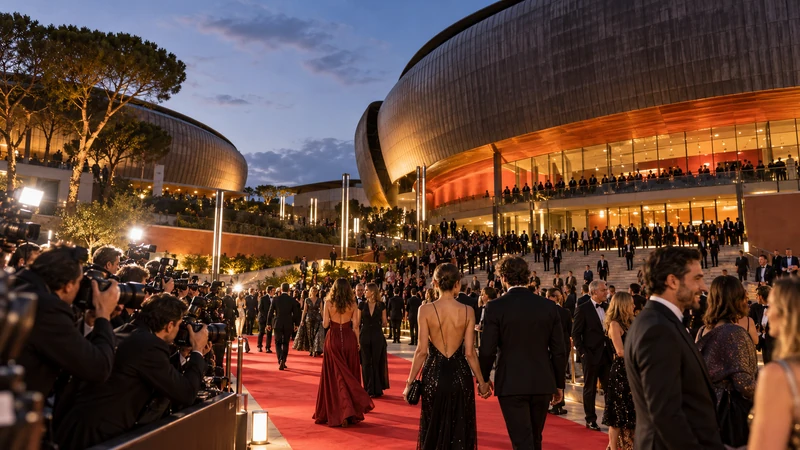 Illustrazione editoriale IA dell’Auditorium Parco della Musica durante una serata di festival, senza ricostruire un evento o un red carpet specifico.