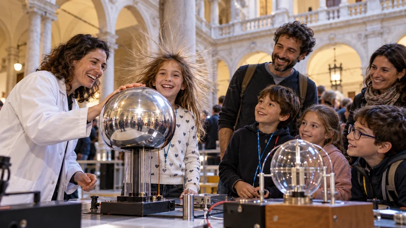 Illustrazione editoriale IA di una ricercatrice con famiglie durante un laboratorio al Festival della Scienza di Genova; scena non documentaria.