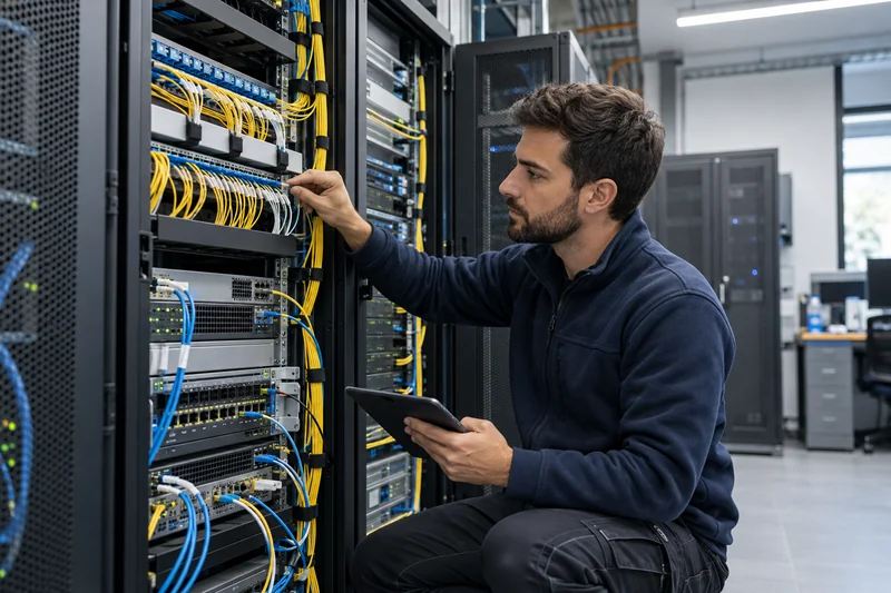 Tecnico di rete mentre controlla un pannello di permutazione in fibra ottica e apparati ridondanti in una sala server aziendale; illustrazione editoriale IA non documentaria.