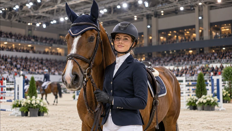 Illustrazione editoriale IA di un’amazzone e un cavallo nell’arena di Fieracavalli a Verona; scena non documentaria.