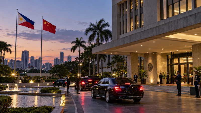 Illustrazione editoriale IA della sede diplomatica filippina con le bandiere di Filippine e Cina al tramonto.